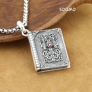 

SOQMO Thai Silver Cross Pendant Holy Bible 925 Sterling Silver Jewelry With Natural Red Garnet Stone Box Mens Pendants Jewelry