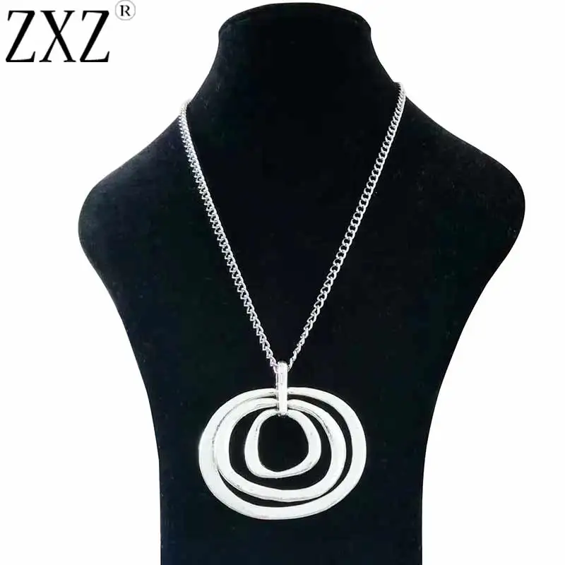 

Large Antique Silver Statement Abstract Metal Irregular Circles Pendant on Long Curb Chain Necklace Lagenlook 34"