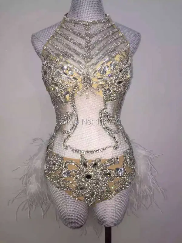 Glisten Silver Sequins Bodysuit Rhinestones Feather Leotard Costume