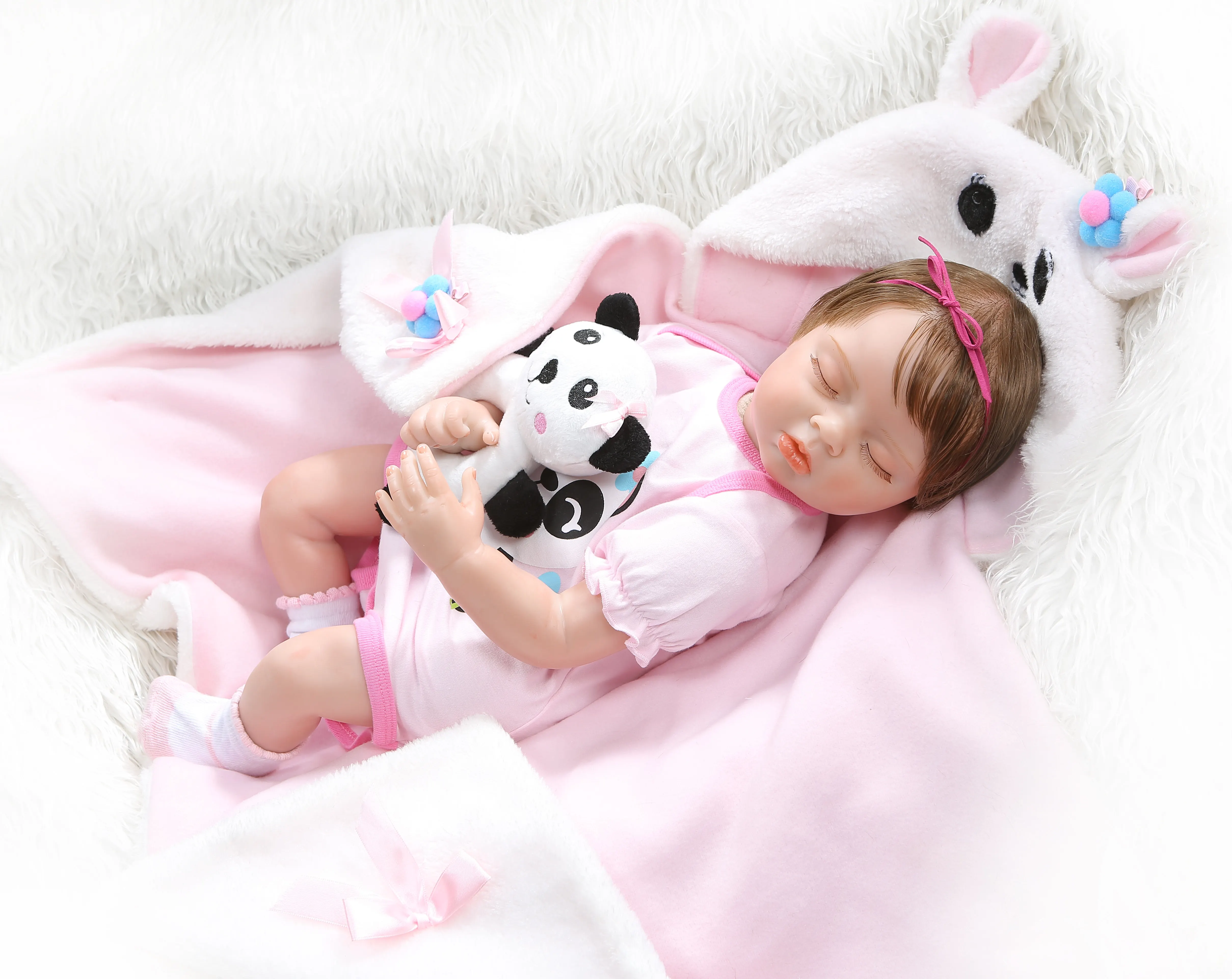 55 см кукла для новорожденного ребенка bebe realitic reborn Спящая кукла для маленькой девочки мягкое утяжеленное тело волосы в платье с пандами