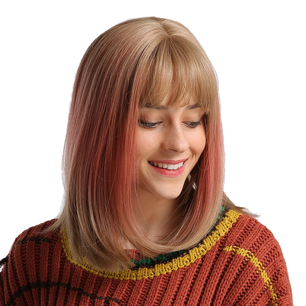 

14'' Women Bob Wigs with Neat Bangs, Straight Shoulder Long, Heat Resistant Fluffy Cosplay Wig