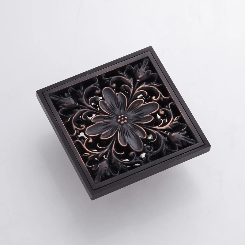 Bathroom Floor Drain Cover Square Peony Pattern Brass Tile Insert Balcony Black Shower Drainer Anti-odor Floor Waste Grates