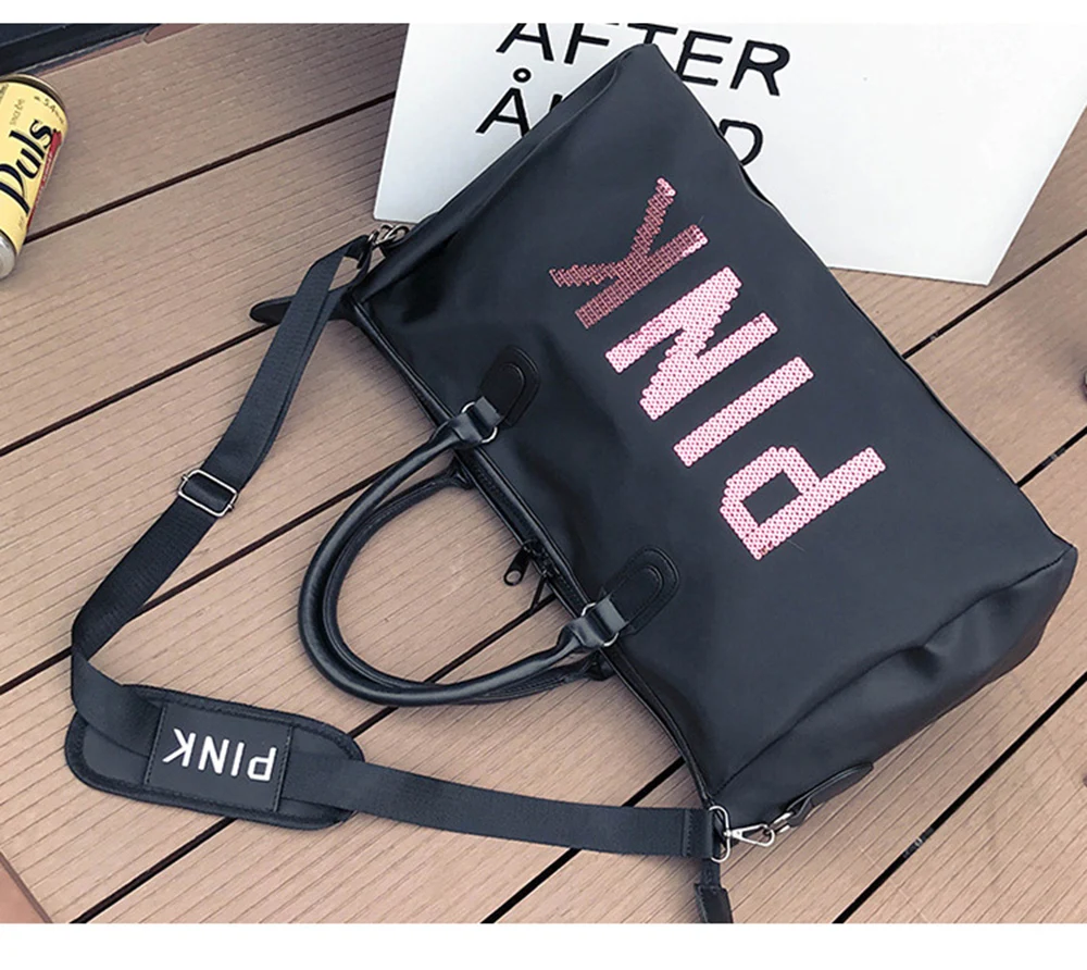 2019 Wobag Ladies Black Travel Bag Pink Sequins Shoulder Bag Women Handbag Ladies Weekend Portable Duffel Bag Waterproof Wash02