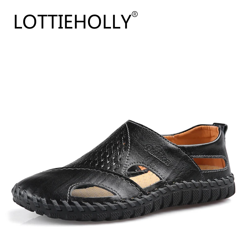 

2018 LOTTIEHOLLY Brand Men Sandals Leather Summer Beach Men Breathable Casual Shoes Male Outdoor Comfortable Shoes #MS1898