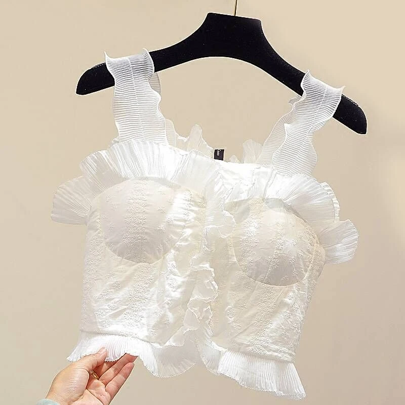 

MUMUZI Lace vest women's sleeveless shirt 2019 summer short fashion bottoming ruffles T-shirts female sexy cropped tops