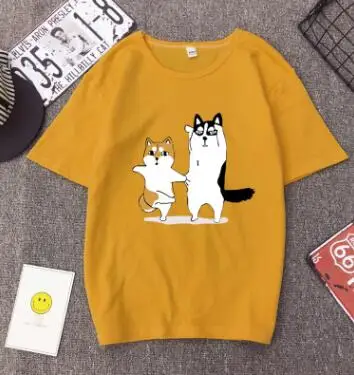 Милая футболка с принтом «Танцующая собака», женская футболка весна-лето, короткий рукав, круглый вырез, хлопок, спандекс, женские топы, футболки, повседневная женская футболка - Цвет: Yellow