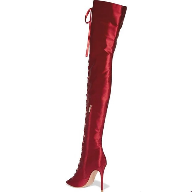 Classic Red Over Knee Boots Women Lace up Cross tied Thigh High Boots Spring Autumn Open Toe