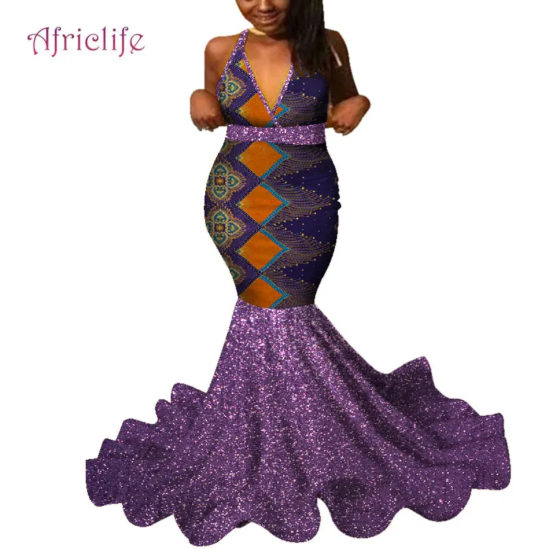 Африканская Дашики Свадебная длинная юбка сексуальные глубокий V платья для вечеринок для женщин Африканский принт рукав женская одежда