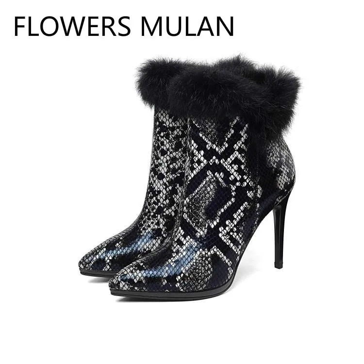 

Luxury Black Red Python Leather Ankle Boots For Women Chic Pointed Toe Long Fur Decoration Plush Lining Ladies Shoes Slip On