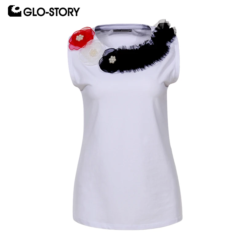 

GLO-STORY 2019 Summer Women Mesh Floral Appliques Beading Sleeveless O-Neck Tank Tops Female T-Shirts WBX-8142