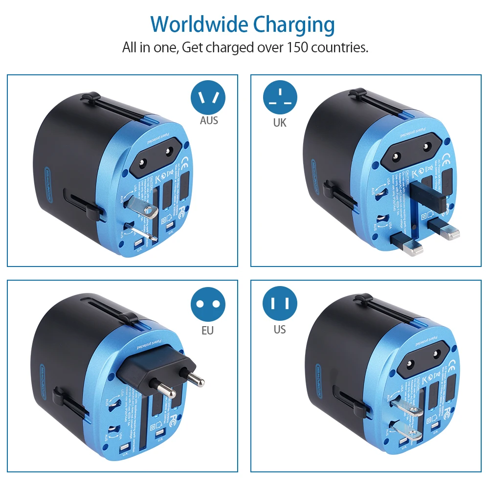 Универсальный адаптер питания NTON для путешествий, все в одном, Международный адаптер питания, розетка, зарядное устройство с 2 портами usb, работает в более 150 странах