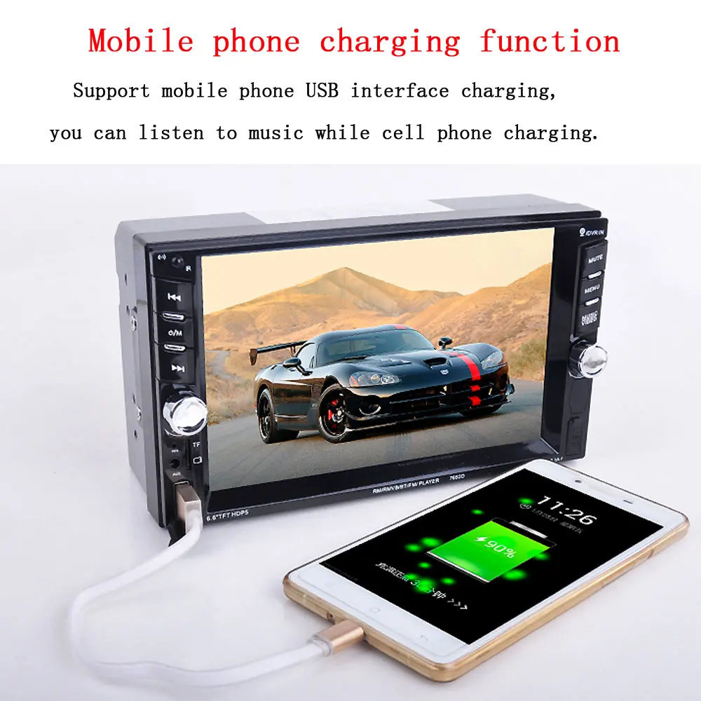 Podofo Autoradio 2 Din Car Radio 6.6'' inch LCD Touch Screen Car Audio stereo Bluetooth Hands free Rear View Camera with frame