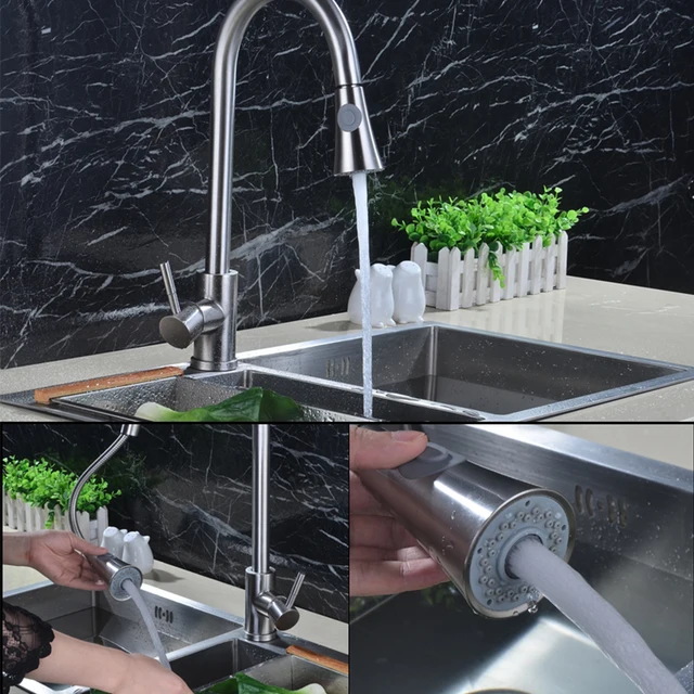 Best Offers Brushed Brass Kitchen Faucet Silver Finish Solid Pull Out Kitchen Mixers Tap 360 Degree Rotation Cold Hot Water Mixer Tap