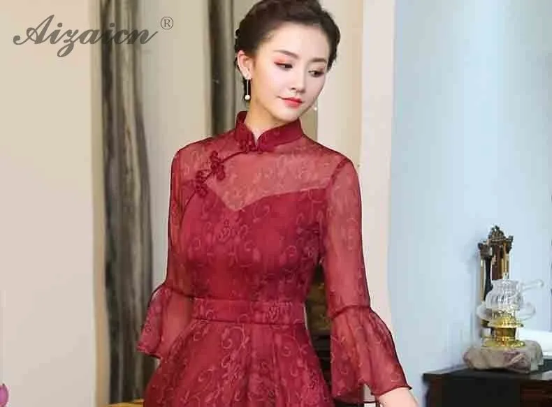 Новинка Ретро народный ветер Cheongsam Длинные платья Chinoise вино красное Qi Pao женское китайское платье Qipao Восточный стиль вечернее платье