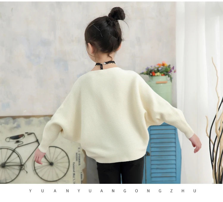 Осенняя детская одежда, вязаные свитера для девочек, однотонные тонкие свитера для девочек «летучая мышь», пуловеры для крупных детей, свитер