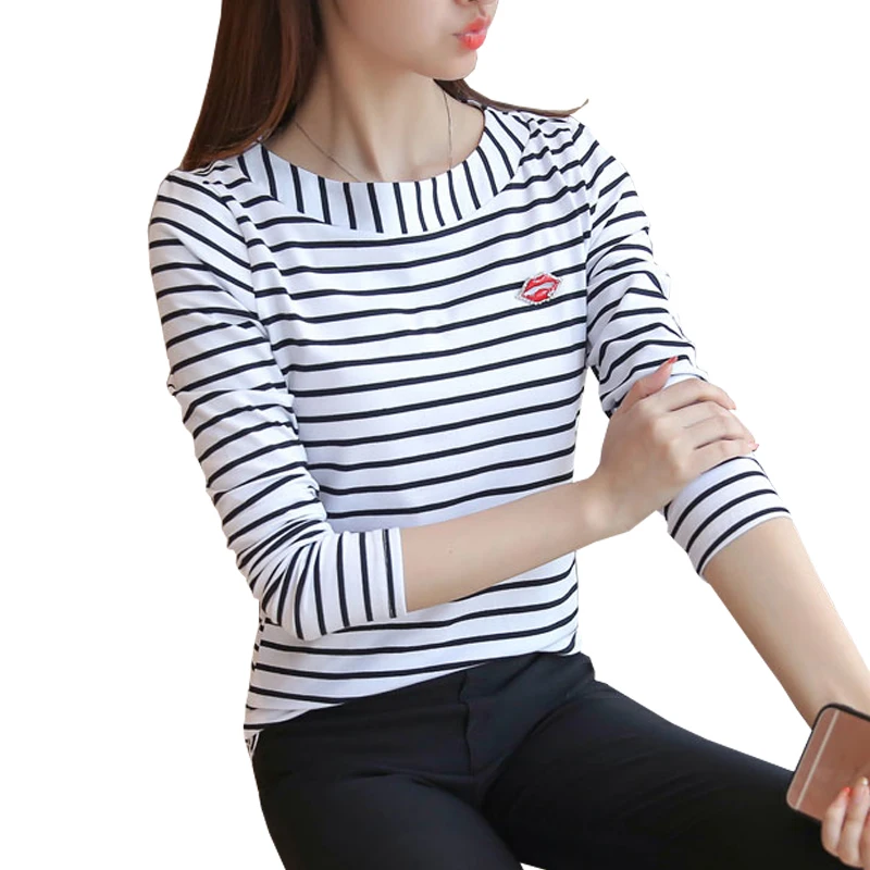 t shirt women striped tops 2018 Autumn Fashion Womens Long Sleeve Cotton Tops Black White T-shirt Plus Size Woman Clothes XXXL