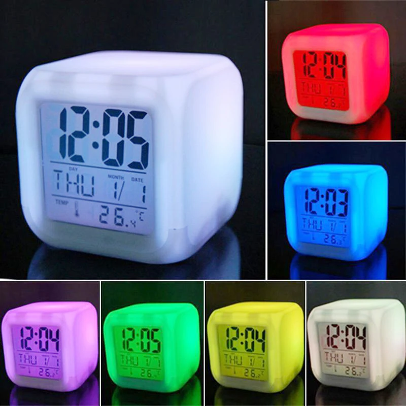 

Digital Alarm Thermometer Night Glowing Cube 7 Colors Clock LED Change LCD