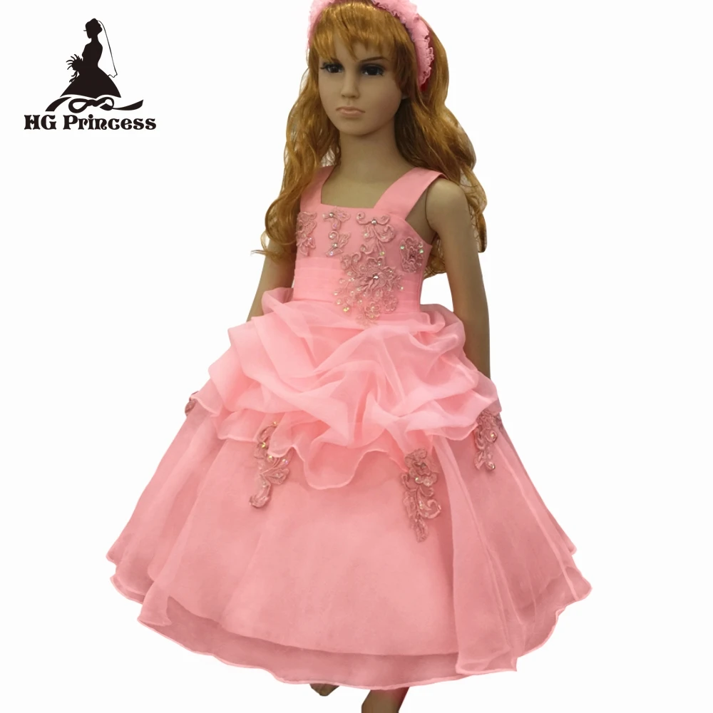 Г. стиль, детское бальное платье с кружевной аппликацией, Персиковое платье с цветочным узором для девочек на свадьбу, детское праздничное платье из органзы