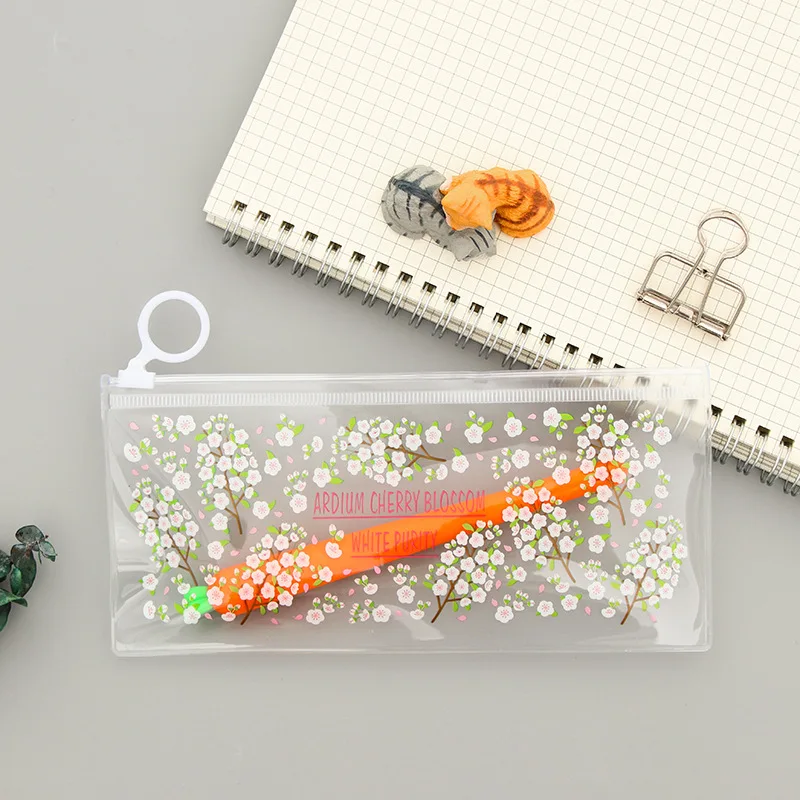 Kawaii Transparent Flowers Animals Pattern Pencil Bag PVC Waterproof Pen Case Pouch Cute box Stationery School Office Supplies