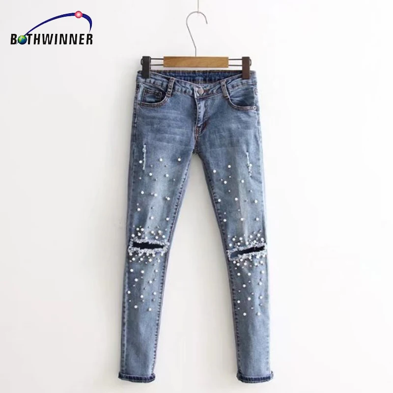 Knee Hole Ripped Jeans Women Stretch Denim Pencil Pants Casual Slim Fit