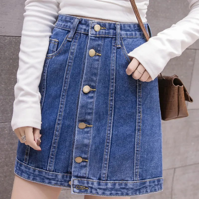 

Denim Skirt High Waist A-line Mini Skirts Women 2019 spring Summer New Arrivals Single Button Pockets Blue Jean Skirt Style 6032