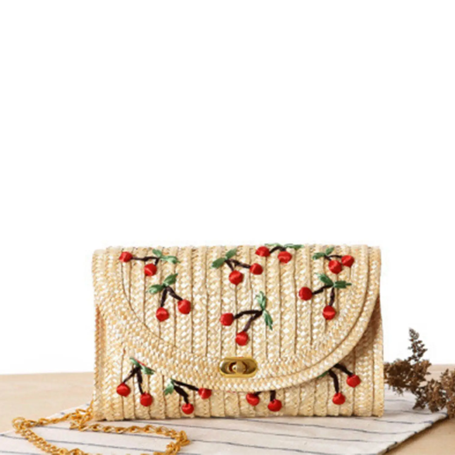 

TFTP-Summer New Cherry Straw Messenger Bags Woven Day Clutch Flap Bag Beach Package Crossbody women Chain Bags handbag