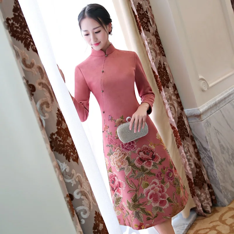 Женские платья новое поступление Cheongsam Qipao миди Цветочное платье с длинным рукавом сексуальное восточное платье элегантные китайские платья TA1334