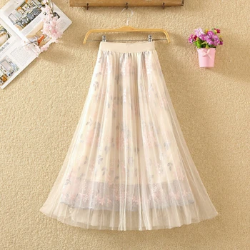 

Women Maxi Skirt Elastic High Waist Floral Print Layered Skirts Womens Summer Beach Holiday Mesh Skirt Sundress