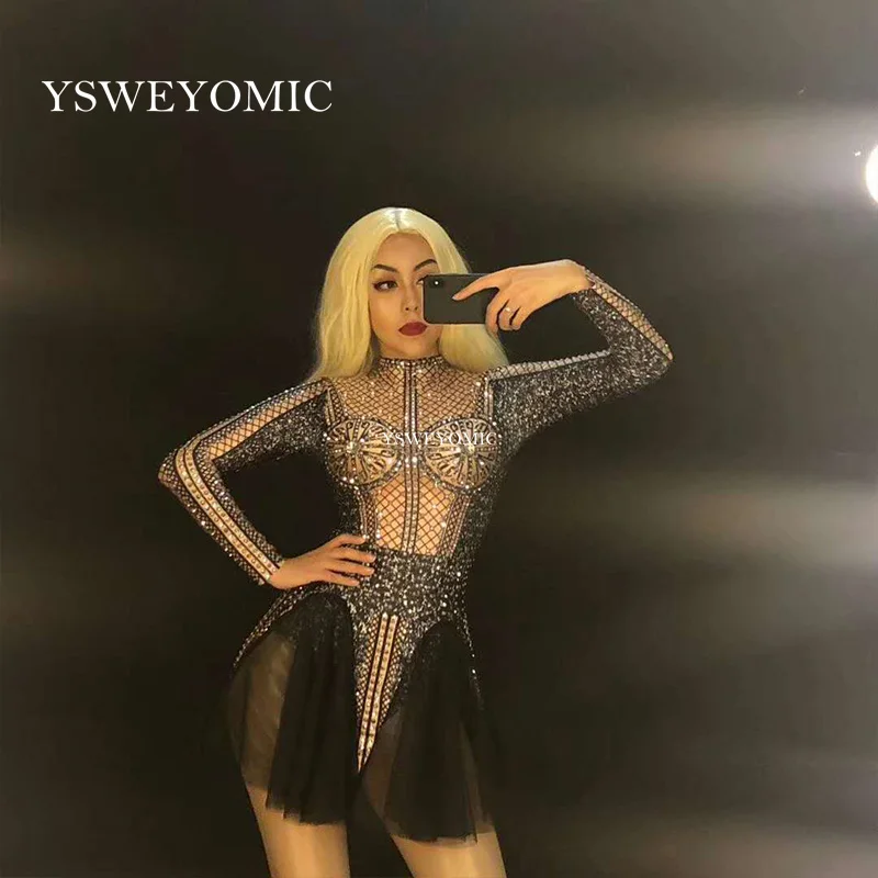 

2019 Glisten Silver Rhinestones Stretch Bodysuit Women Party Dance Clothes Nightclub Celebrate Outfit Female Singer Show Outfit