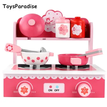 

New Arrival Strawberry Pink Bear Simulation Kitchen Wooden Toys For Kids Pretend Play Gas Cooking Toys Child Educational Gift