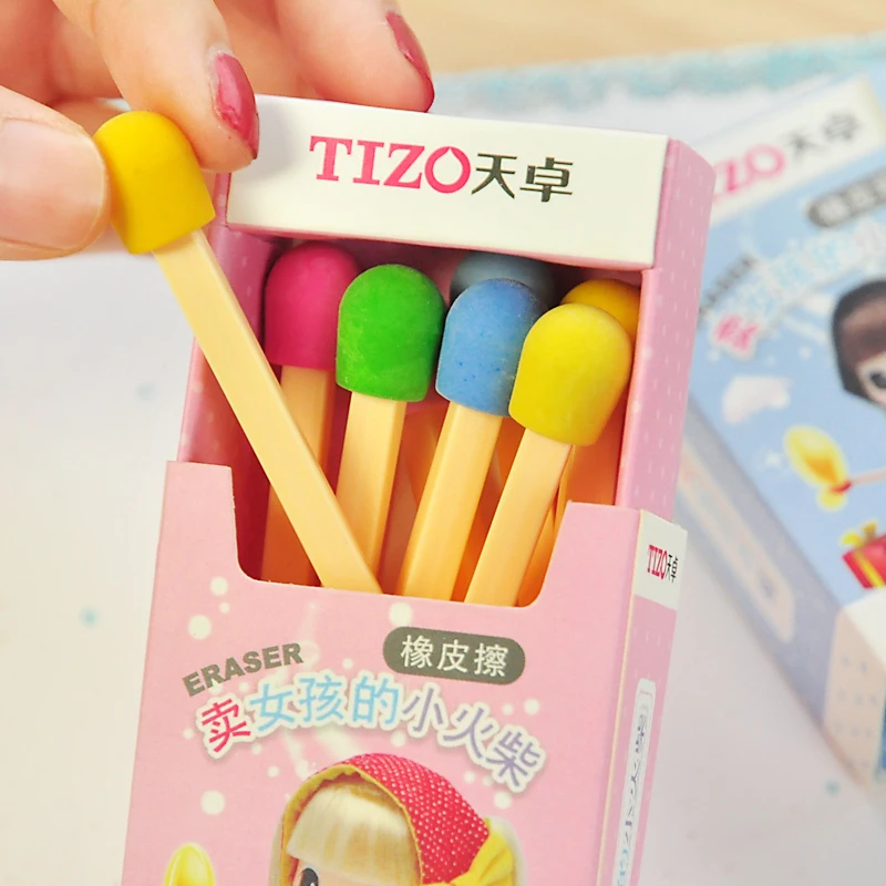 

8 Pcs/lot (1 box) Cute Matches Eraser Creative Items Kawaii Rubber Erasers For Kids Girls Gift School Office Supplies Stationery