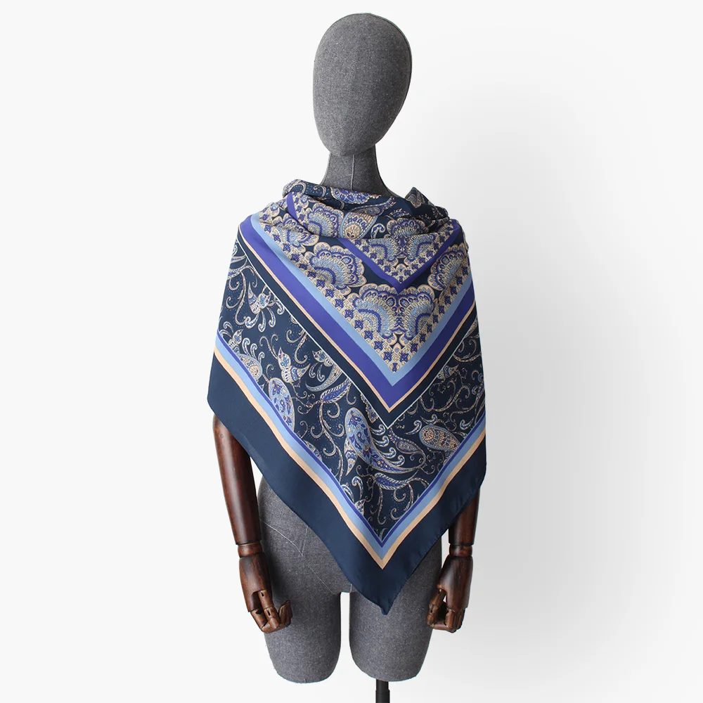 

women georgette satin silk square scarf blue paisley print headband bandana lady hijab bufanda shawl 130*130 cm super large