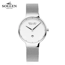 New SOLLEN Brand Ladies Watch Luxury Quartz Movement Waterproof Ultra-thin Watches Simple Style Stainless Steel Band Gift Strap