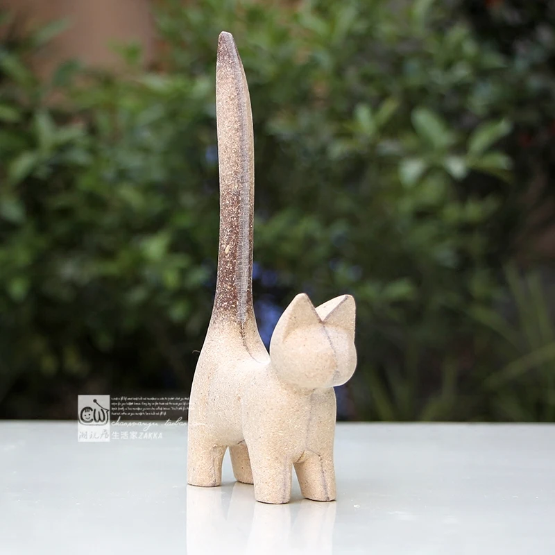

handmade craft wood cat statue figure wooden cute kitten home decoration