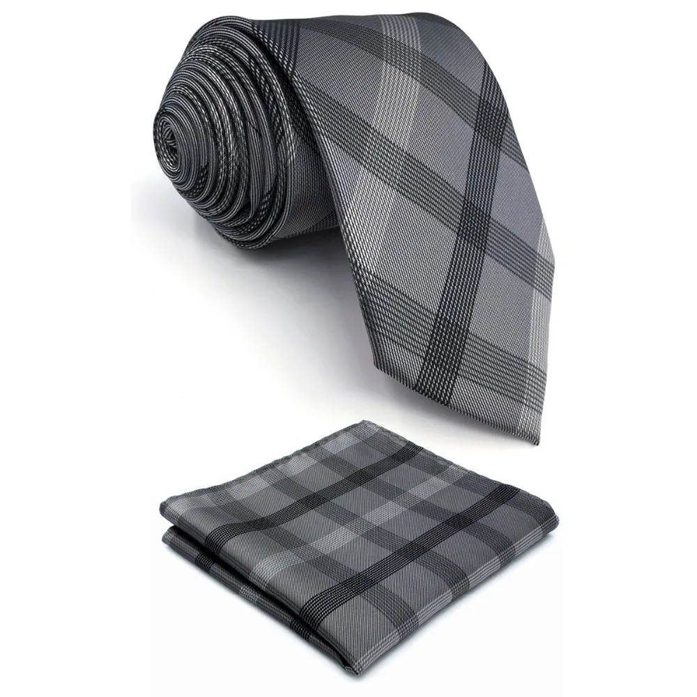 S1 Extra long size Checked Black Dark Gray Plaids Men's Ties Neckties