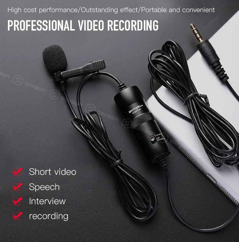Portable Condenser Lavalier Microphone with Clip-on Interview Mic for Phone Video Recording Microphone xlr for Camera Android    (3)