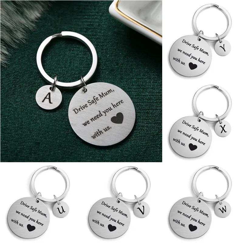 

DIY Fashion Keyring 26 Letters Pendant Engraved Stainless Steel Drive Safe Mum Women Keychain Jewelry Key Chain Mother Gift