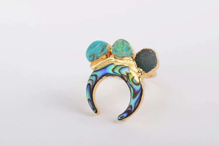 BOROSA 5 шт. золотой цвет Рог Абалон оболочки и три Радуга кулон agates Druzy Turquoises Manmade белый/синий кольцо из розового золота G1839
