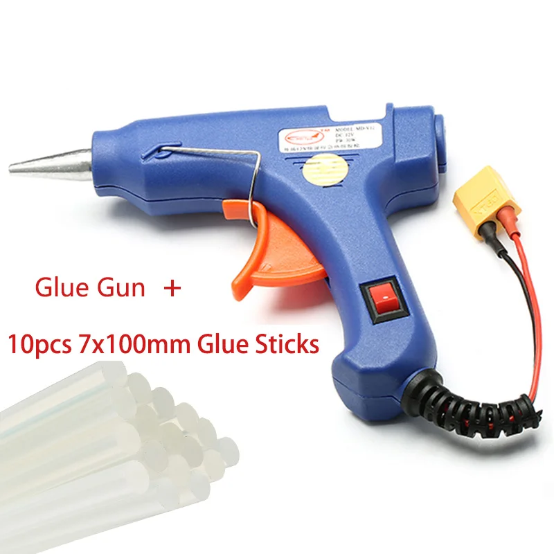 30W Hot Melt Glue Gun With XT60 Plug For RC Models Outfield 3S 12V Heater Heating Wax 7mm Glue Stick DIY Hand Tools - Цвет: With 10pcs Sticks