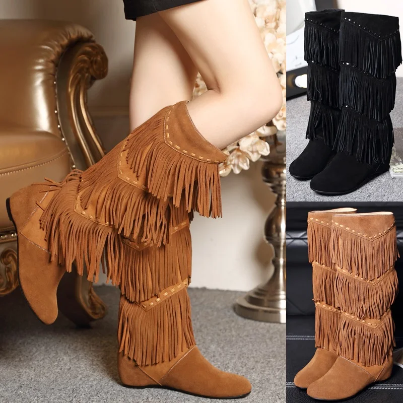 2017 New Hot Women Winter Warm Fringed Boots Fashion Tassels Knee High