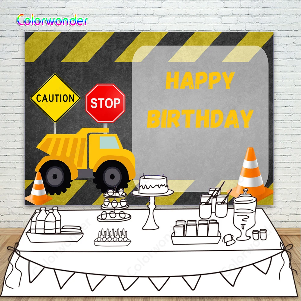 

Happy Birthday Backdrop for Photogtraphy Yellow Caution and Stop Truck Background For Boy 1st Birthday Party Decoration Custom