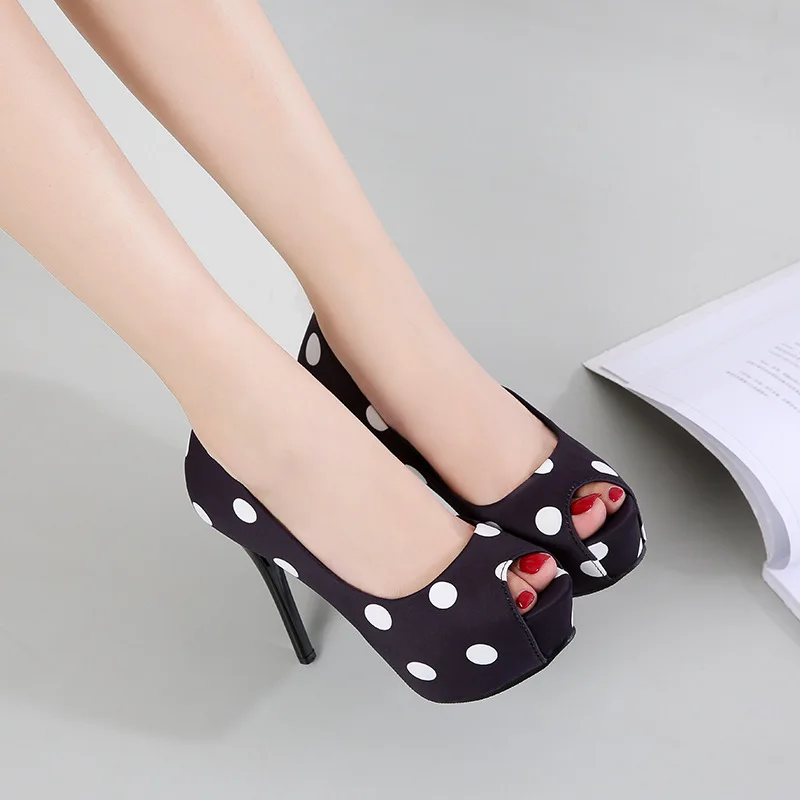 New Platform High Heel Polka Dot Sweet Silk Satin Shallow Mouth Fish Mouth Single Shoes Women Shoes Offwhite Shoes High Heels