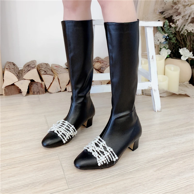 

Mid Calf Boots Pearl Women Shoes 2019 New Block Heel Martin Boots Fashion Shoes Black Patchwork Winter Ladies New Long Boots