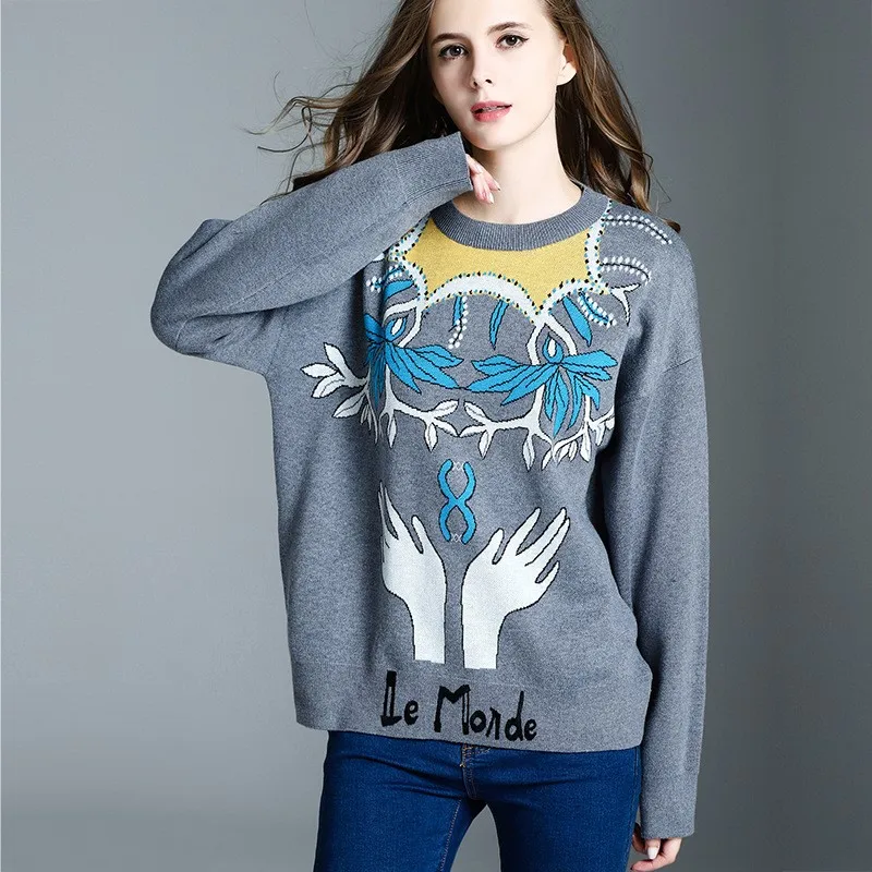 2017 Euramerican Early Autumn Exiquisite Constellation Handwork Embroidery Palm Knitwear Casual Pullovers Full Sleeve Sweater | Женская