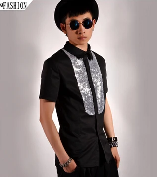 Новая популярная брендовая Повседневная модная Лоскутная рубашка с короткими рукавами и пайетками модная мужская одежда костюм певицы рубашки для ночного клуба - Цвет: Серебристый