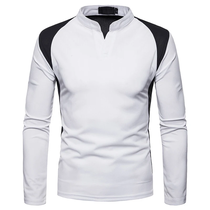 

Fashion New Long Sleeve Men T Shirt Solid Color Patchwork Bottoms Tees Streetwear Stand Collar Male T Shirts Dropshipping