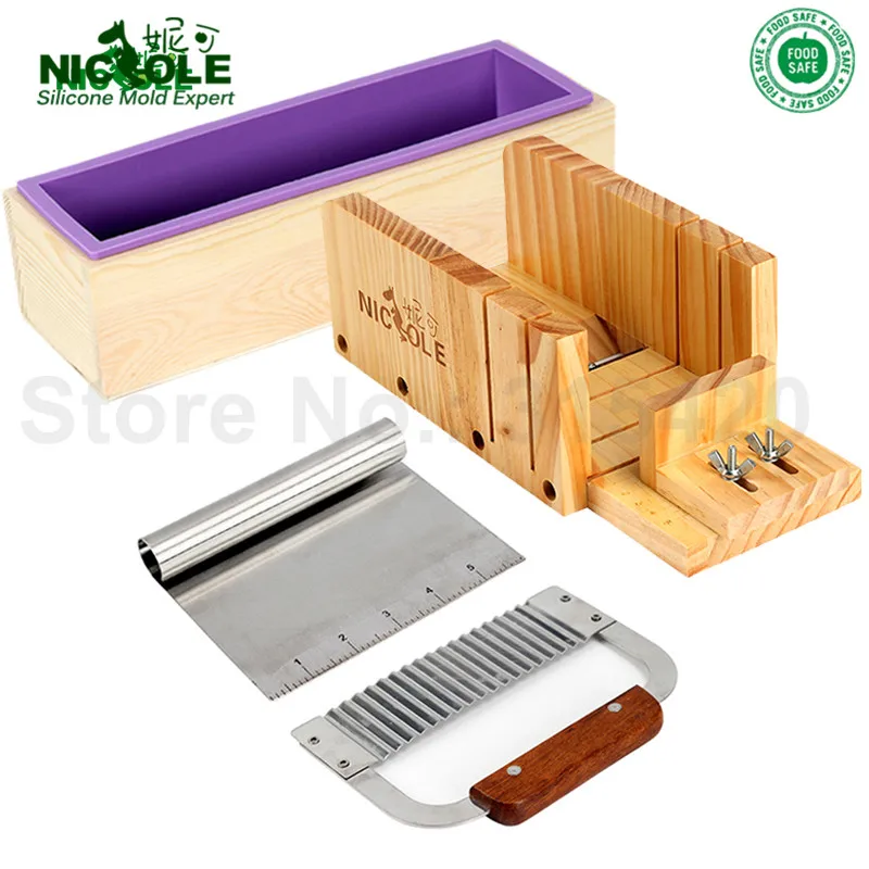 

Handmade Soap Bar Making Set-4 D0018 silicone Loaf Mold With Box+Adjustable Wooden Loaf Soap Cutter+2pcs Stainless Steel Blades