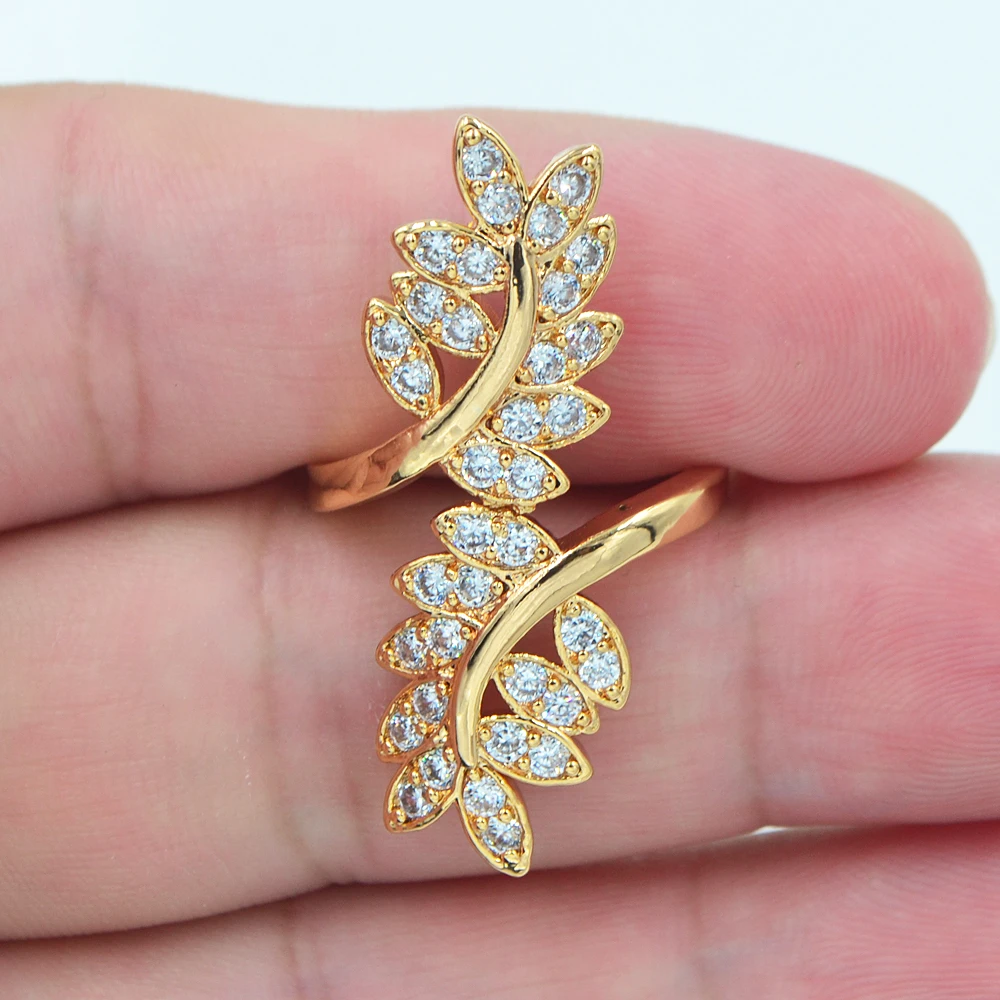 

Fashion Women Gold Color AAA+ Cubic Zirconia Clear CZ Leaf Cocktail Party Ring Jewelry