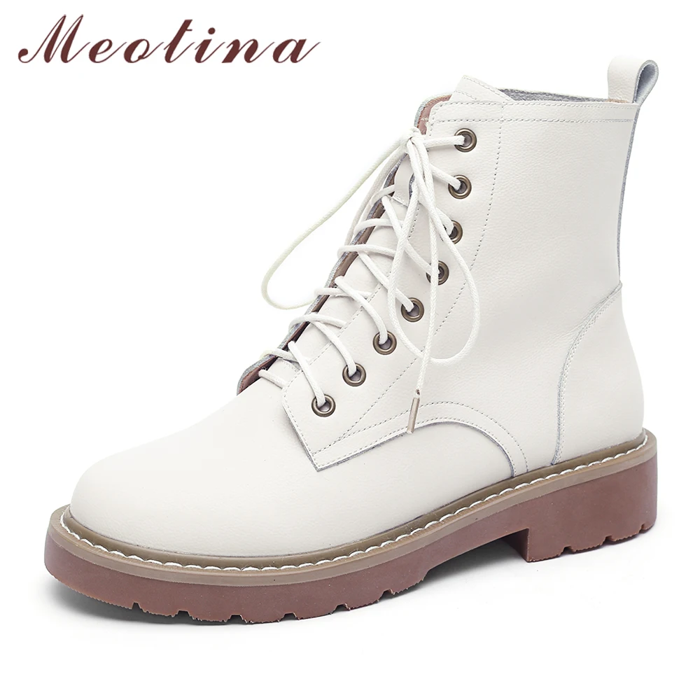 Meotina/ботинки из натуральной кожи; Зимние ботильоны; мотоботы на низком каблуке; женская обувь из натуральной кожи на шнуровке в стиле панк; цвет бежевый