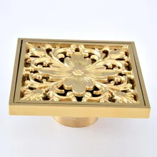 Luxury Polished Gold Color Brass Carved Flower Pattern Bathroom Shower Drain 4